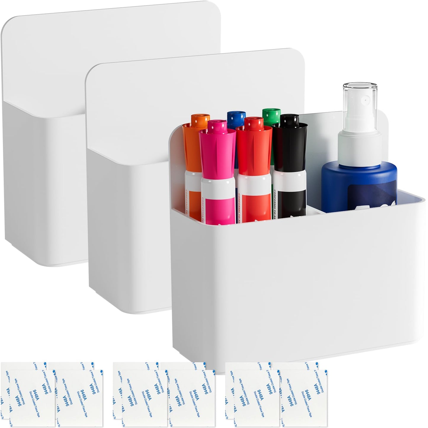 First-zgel 3 Pack Magnetic Pen Holder, Wall Mount Magnetic Dry Erase Marker Holder with Large Compartments, Self Adhesive Marker Pen Pencil Organizer for Whiteboard Fridge Locker Accessories (White)