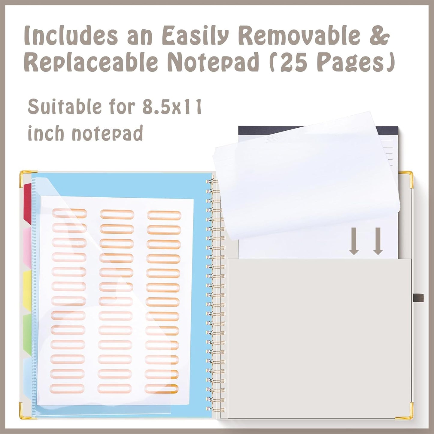 HAUTOCO Clipboard Folio with Refillable Lined Notepad for Letter Size (11" x 8.5"), 5 Dividers with 10 Pockets, Elastic Pen Holder and File Folder Labels, Spiral Nurse Clipboard Artboard(Gray)