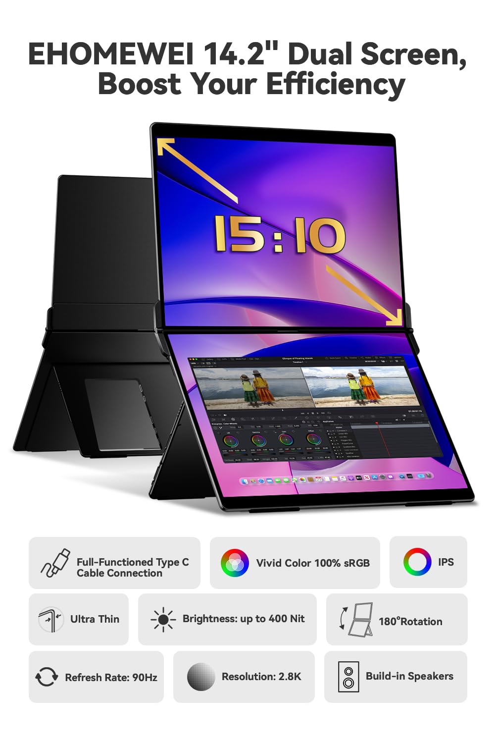 EHOMEWEI X1 Air Foldable Dual Screen Portable Monitor 14.2"×2 2.8K IPS Laptop Screen Extender 90Hz USB-C HDMI for MacBook Windows