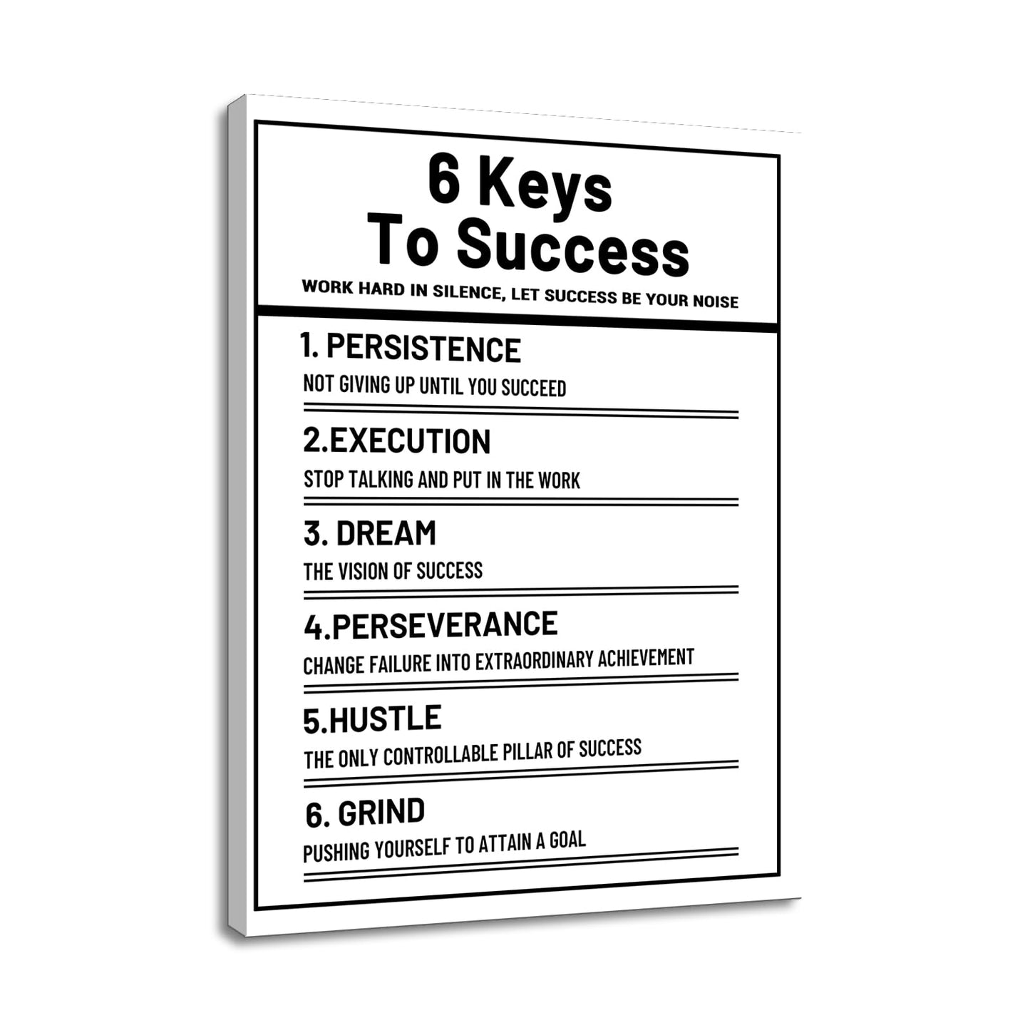 YSPCSUN Inspirational Wall Decor 6 Keys To Success Canvas Prints Framed Motivational Office Signs Work Hard In Silence Quote Art For Bedroom Living Room Entrepreneur Mindset 24x18 Inch Poster