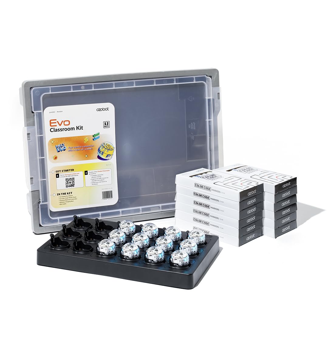 Ozobot Evo Classroom Kit (12 Bots): Interactive Coding Robots for Students, STEAM Learning Tools for Schools, Includes Charging Station, Storage Case, Markers, and Comprehensive Coding Curriculum