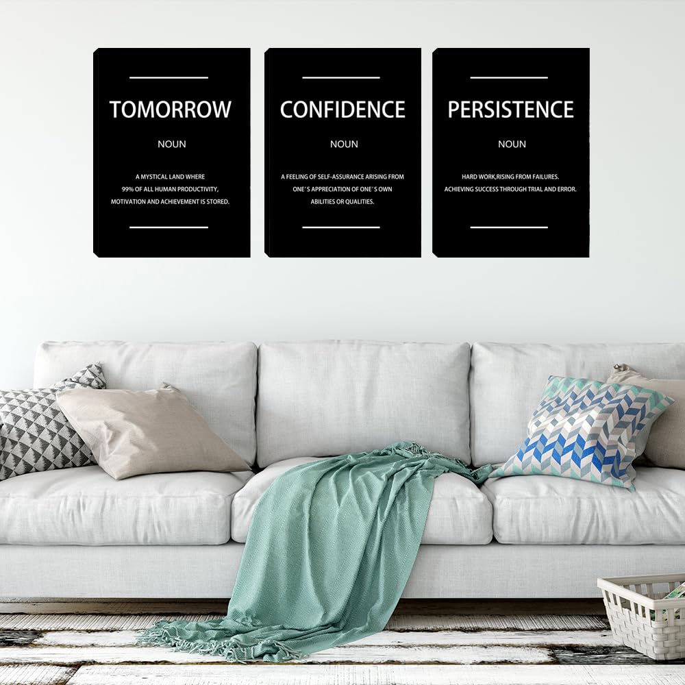 Motivational Black Wall Art Persistence Confidence Tomorrow Noun Inspirational Painting Wall Art 3 Pieces Canvas Print Office Decor Poster Framed Quotes Wall Art Office Decoration - 36" W x 16" H