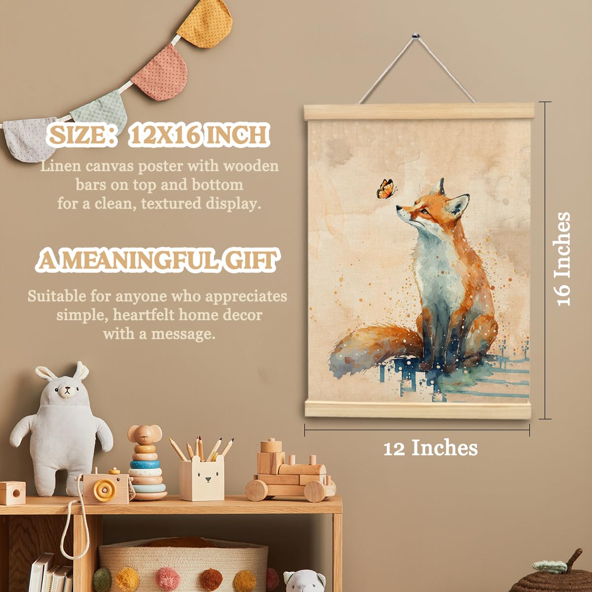 MOFUYU Fox Wall Art Decor,Fox Gifts,Fox Gifts for Girl Women, Animal Framed Wall Art for Bedroom Living Room Kids Nursery, 12x16 Posters Framed with Wood Hanger