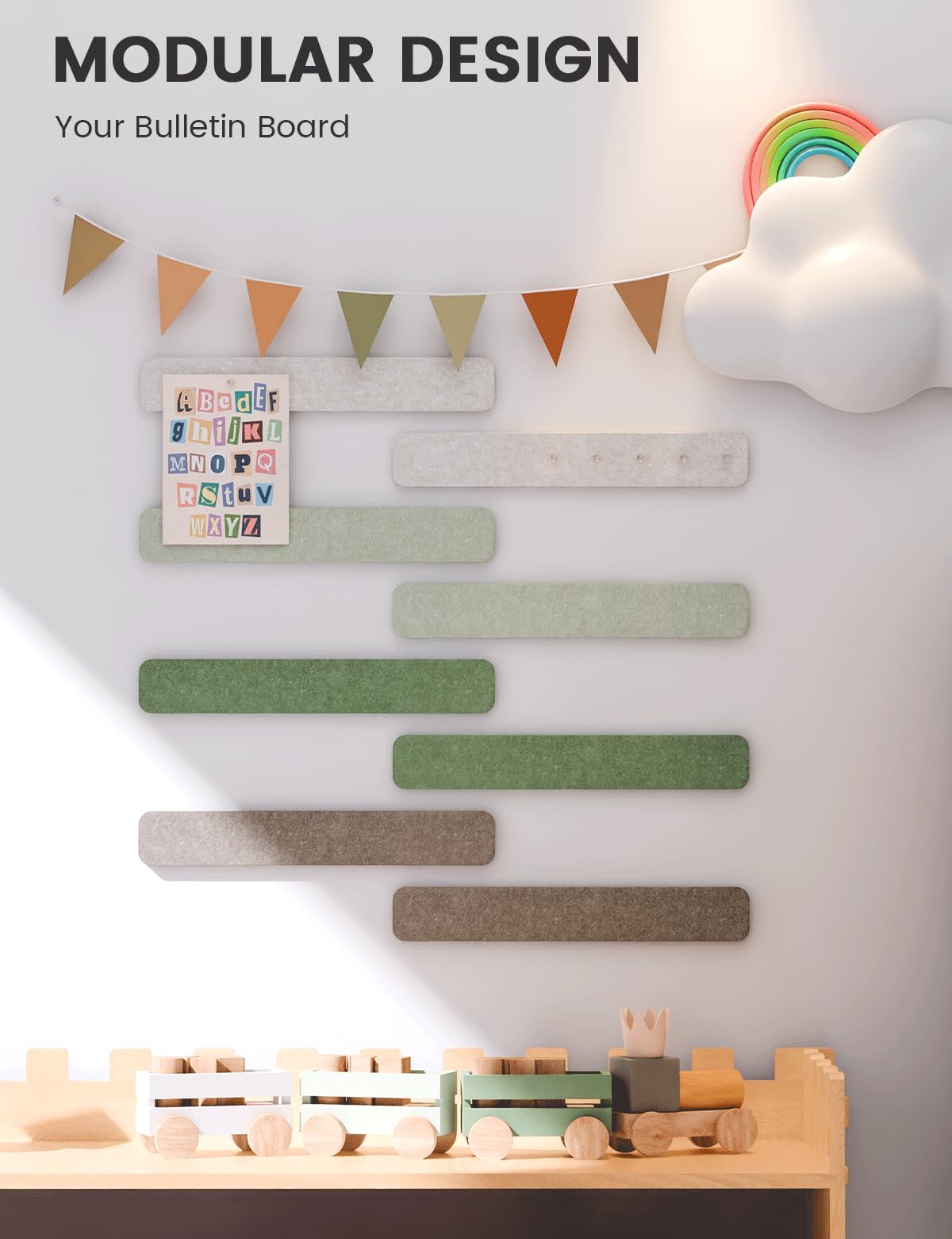 Fluxynara Cork Board Alternative Felt Strip Board 8-Pack 13"x2", Office Pin Board with 50 Push Pins, Adhesive Install for Bedroom Door & Home Office (Moss Haven）