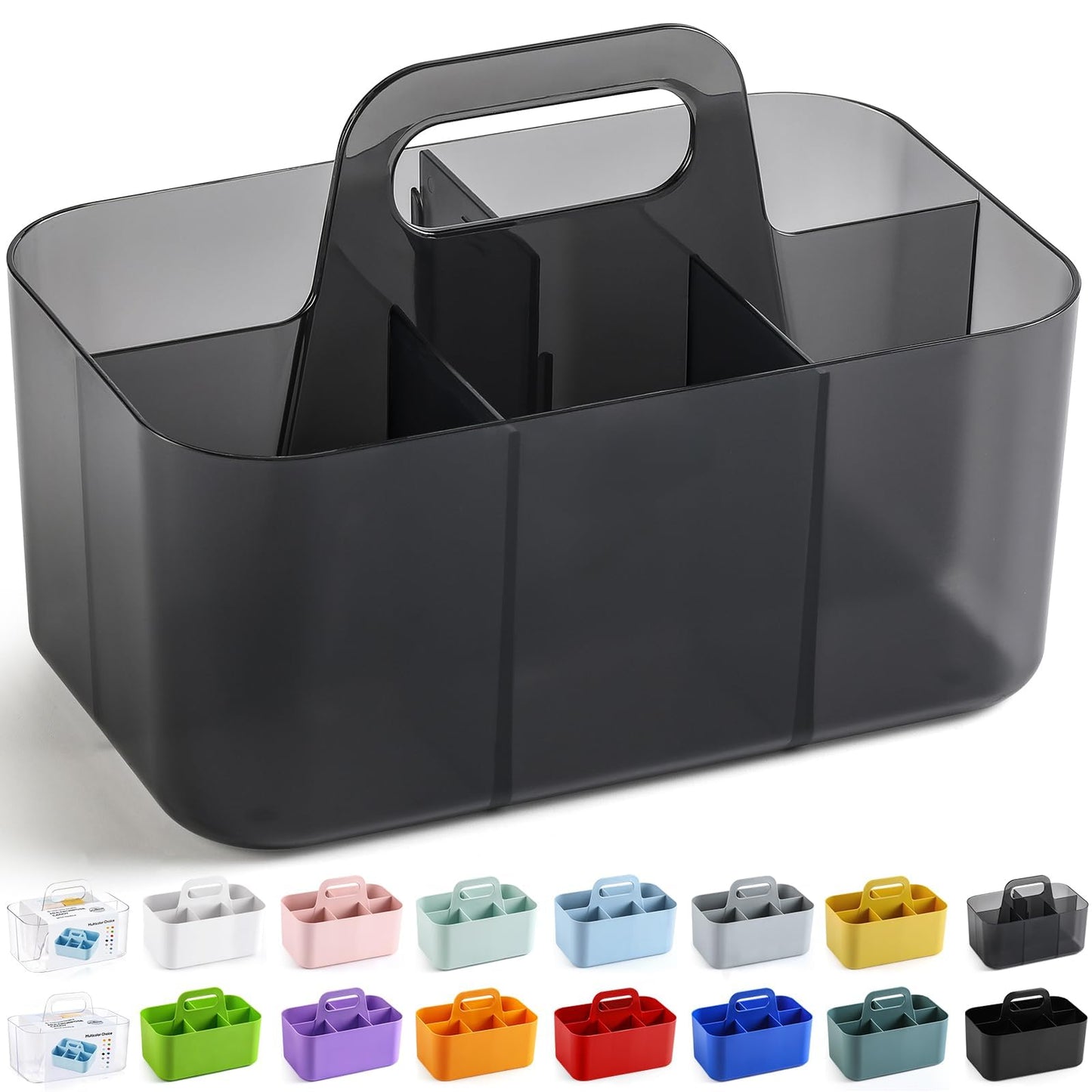 Multiuse Caddy Organizer with Handle, Portable Plastic Tote Bin - Art Craft, Stationary Pen Marker Crayons, Makeup Hair Supplies Storage - Bathroom, Classroom, Dorm, Office, Desk Holder - Clear Black