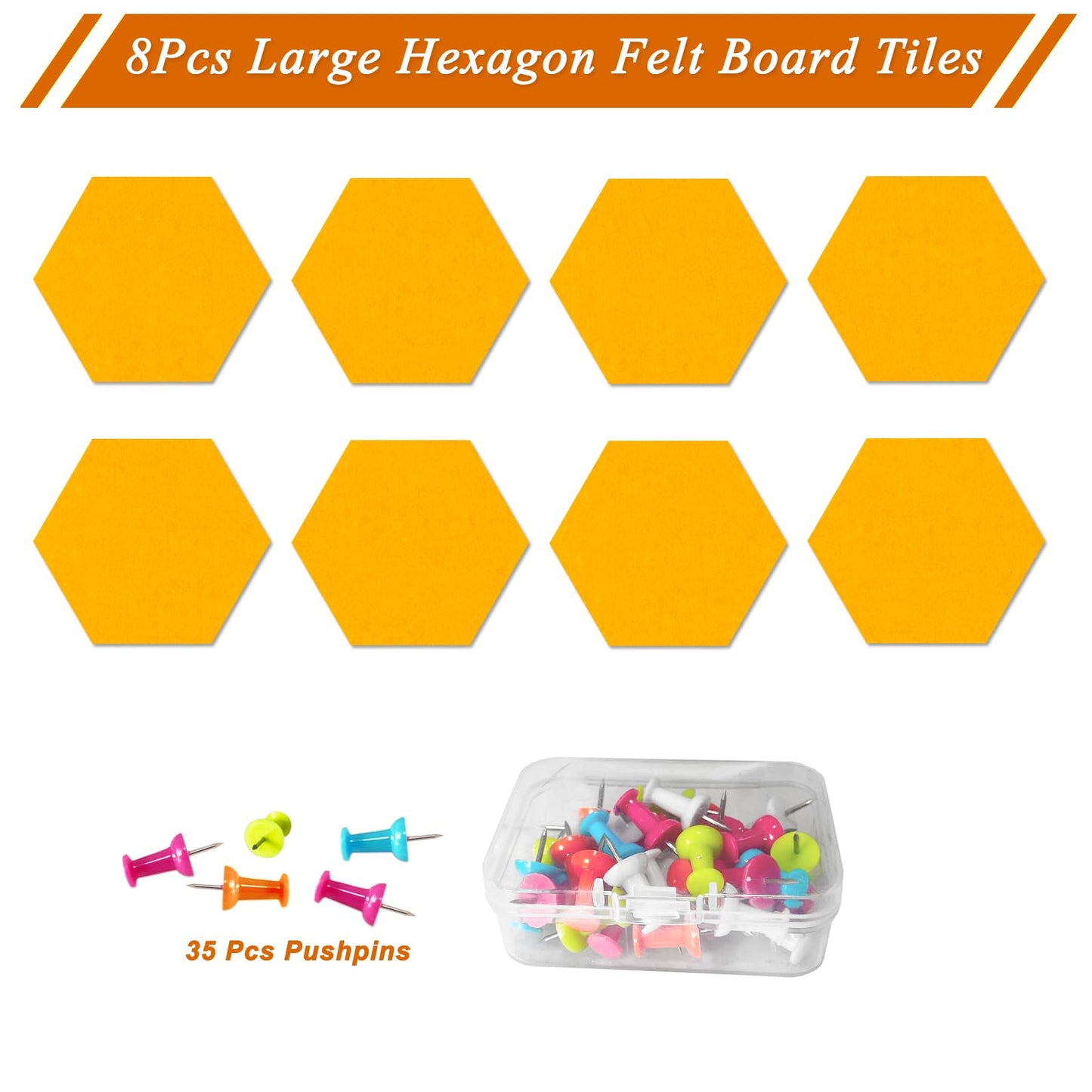HULAVO Large Hexagon Felt Cork Board Tiles, Self Adhesive DIY Felt Bulletin Board Pin Board with 35 Pushpins for Office School Home Wall Decor Stickers Memos Photos Display(Light Orange)
