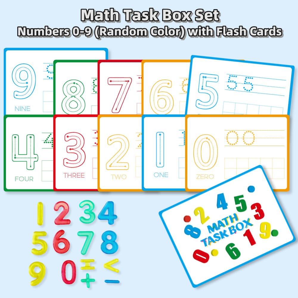 Math Task Boxes Set of 5 Math Manipulatives Themes 230+ Pieces of Number Rods, Base Ten Blocks, Ten Frame Disc Counters, Place Value Blocks, 0-9 Numbers, 3D Shapes, Activity Cards (Numbers)