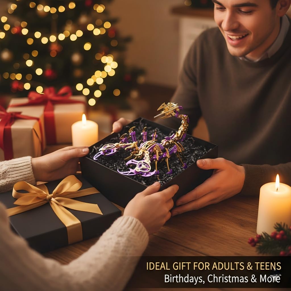 Scorpion 3D Metal Puzzles for Adults, 454PCS Stainless Steel DIY Mechanical Metal Model Kits, No Glue Assembly with Movable Joints, Challenging Metal Building Kit Desk Decor Gift (Purple-Glod)