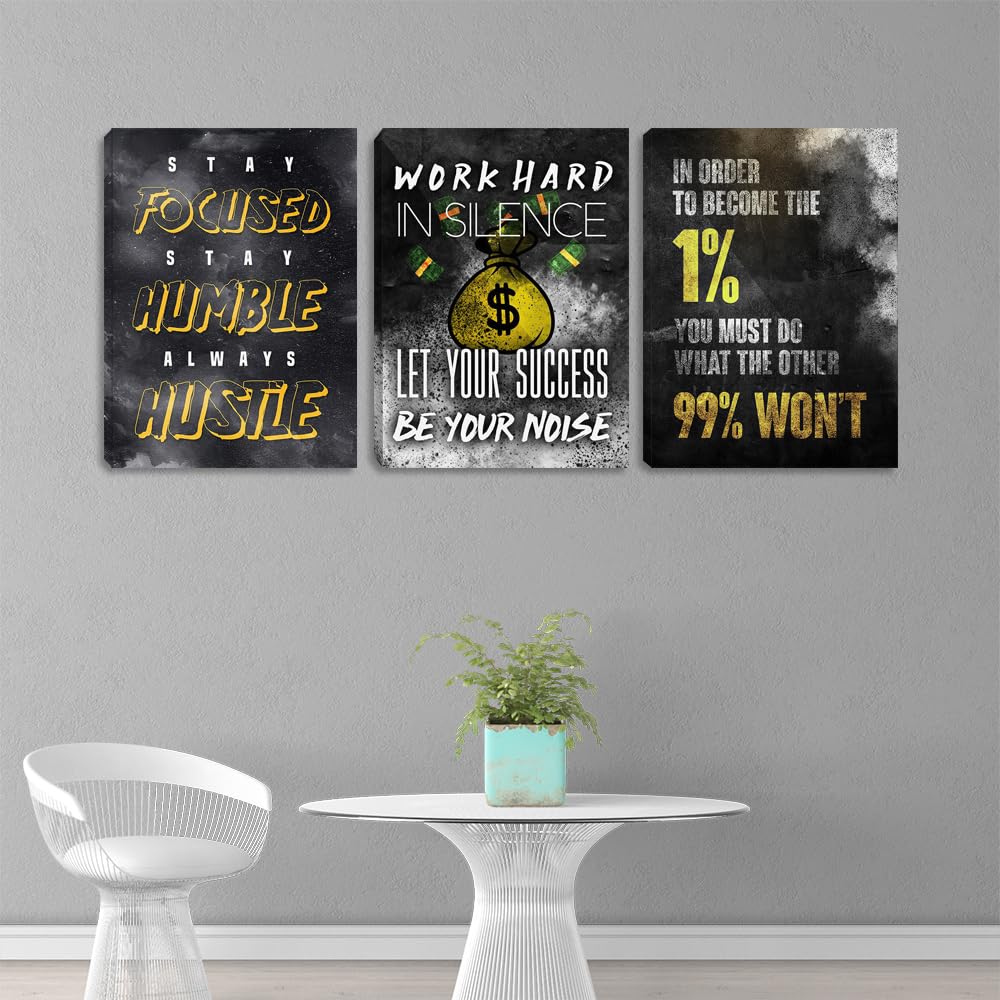Modern Motivational Success Quotes Wall Art Canvas Art 3 Piece Black Wall Art Inspiring Entrepreneur Hustle Poster Prints Wall Decor Office Wall Decorations Framed Posters for Office(36''Wx 16''H)
