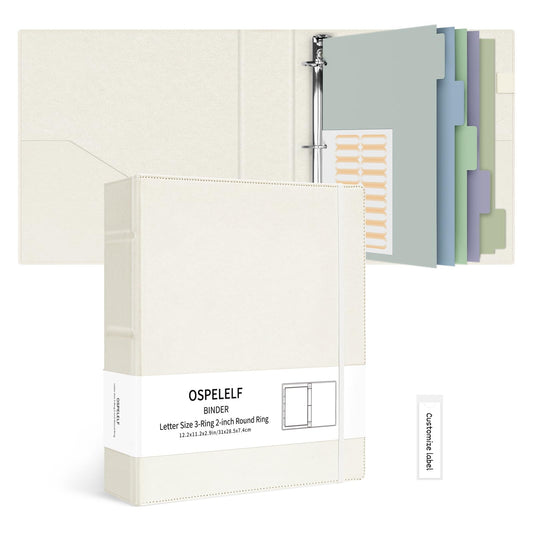 Ospelelf Vintage Hardcover 3 Ring 2 inch Leather Binder, Professional Binders Organizer Suitable for Letter Size Documents, Binder Dividers with Tabs, Beige