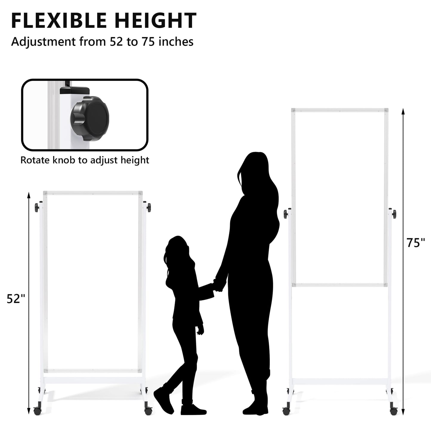 Large Rolling Whiteboard on Wheels, 48" x 24" Height Adjustable Mobile White Board with Stand, 4' x 2' Portable Standing Magnetic Dry Erase Board Easel for Home Office Classroom School, Silver