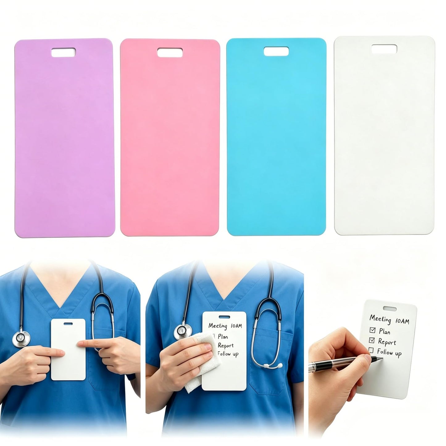4Pcs Vertical Erasable Badge Note, Reusable Silicone Erasable Notepad Badge Set, Mini Whiteboard Clipboard for Nurses Doctors Teachers Caregivers