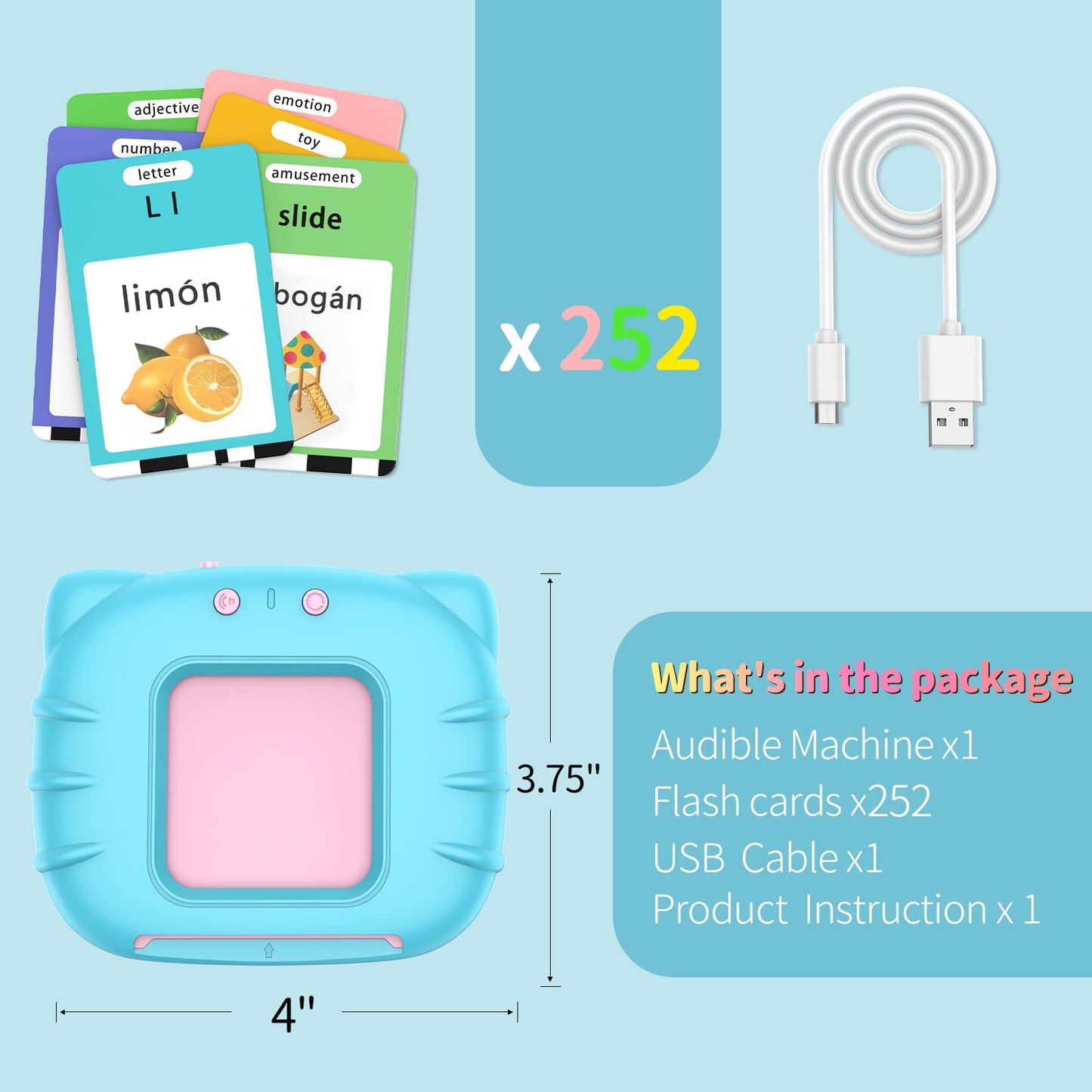 Eaever Spanish English Bilingual Learning Toys, ABC Talking Flash Cards with 520 Sight Words, Autism Pocket Speech Toys, Toddler Toys for 2 3 4 5 6 Year Old, Easter Present Birthday Gift, Blue