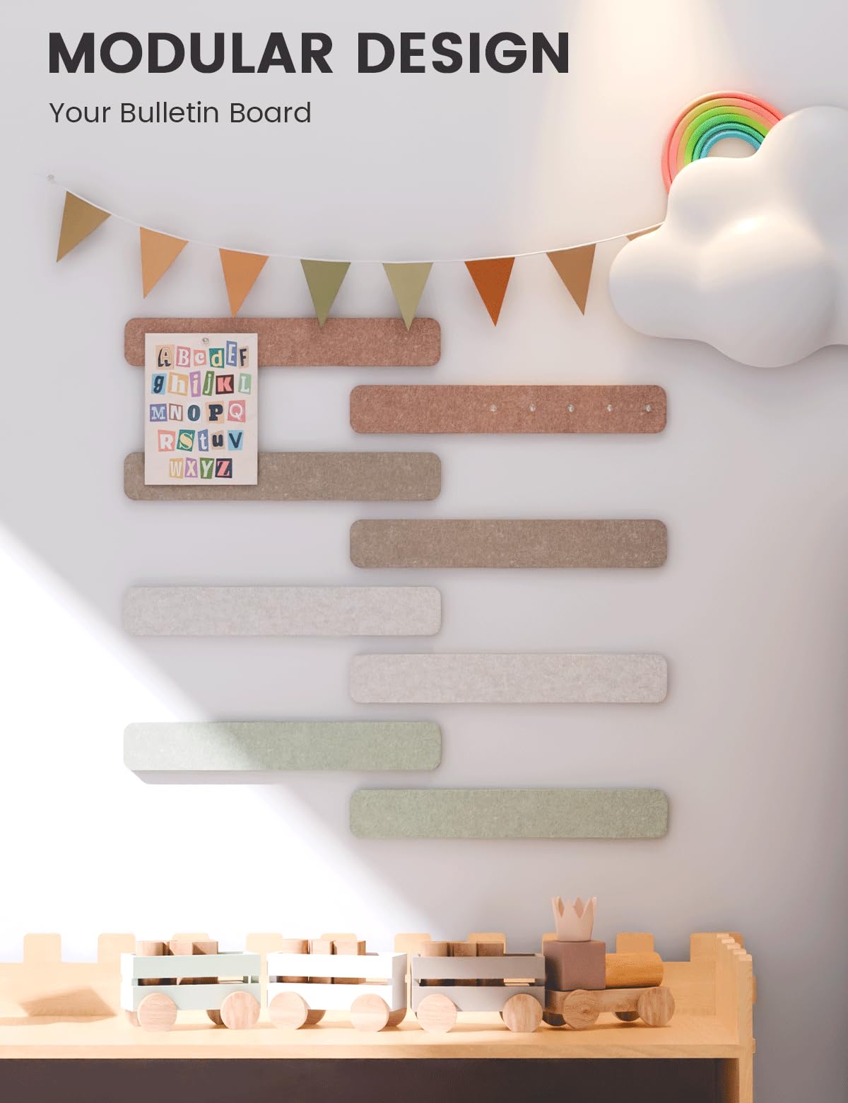 Fluxynara Cork Board Alternative Felt Strip Board 8-Pack 13"x2", Office Pin Board with 50 Push Pins, Adhesive Install for Bedroom Door & Home Office (Boho)
