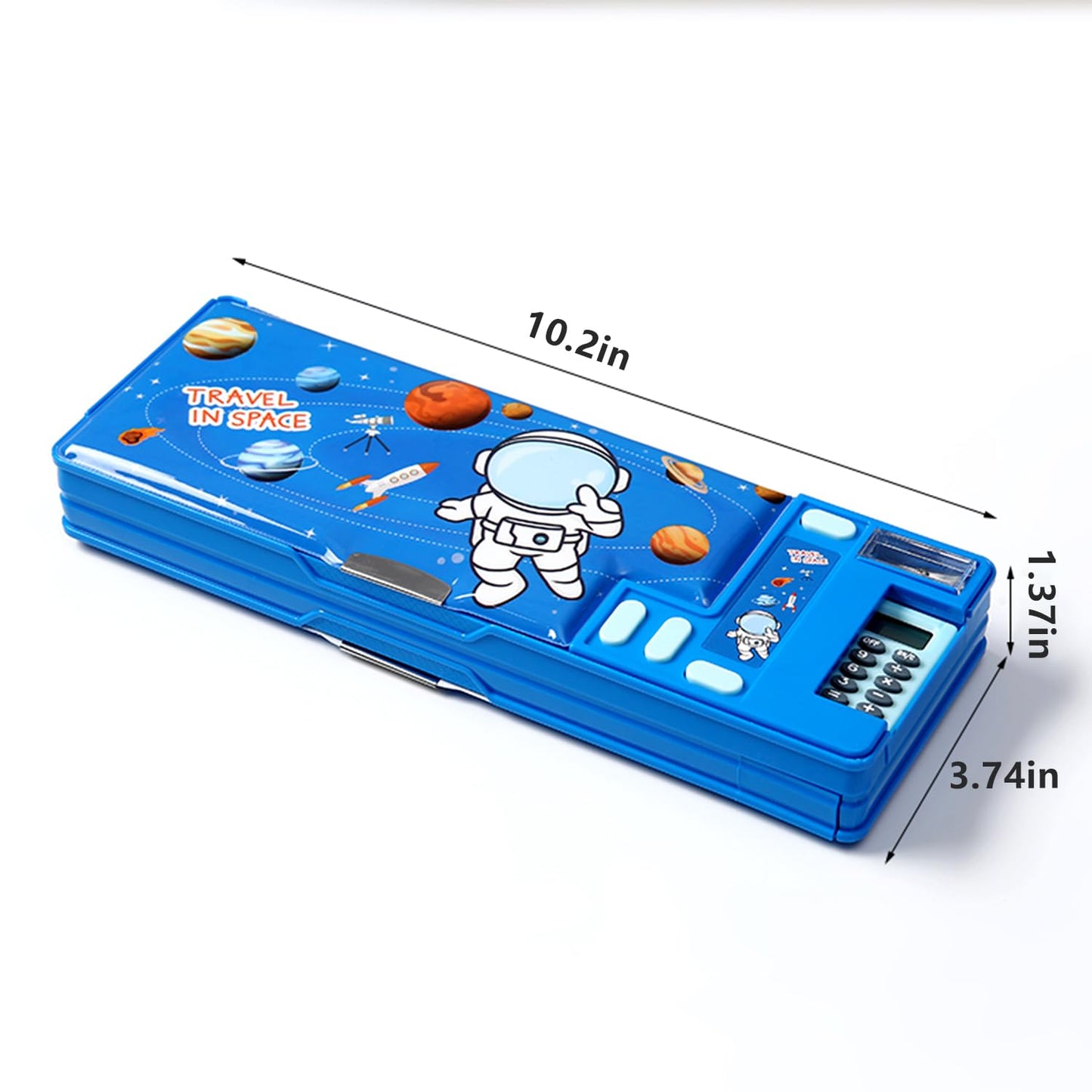 LilyBeauty Multifunction Pencil Case with Calculator, Pencil Sharpener and Curriculum, Multiple Cute Patterns, Suitable for Elementary School Girls, Boys, Great Gifts for Kids (Blue)