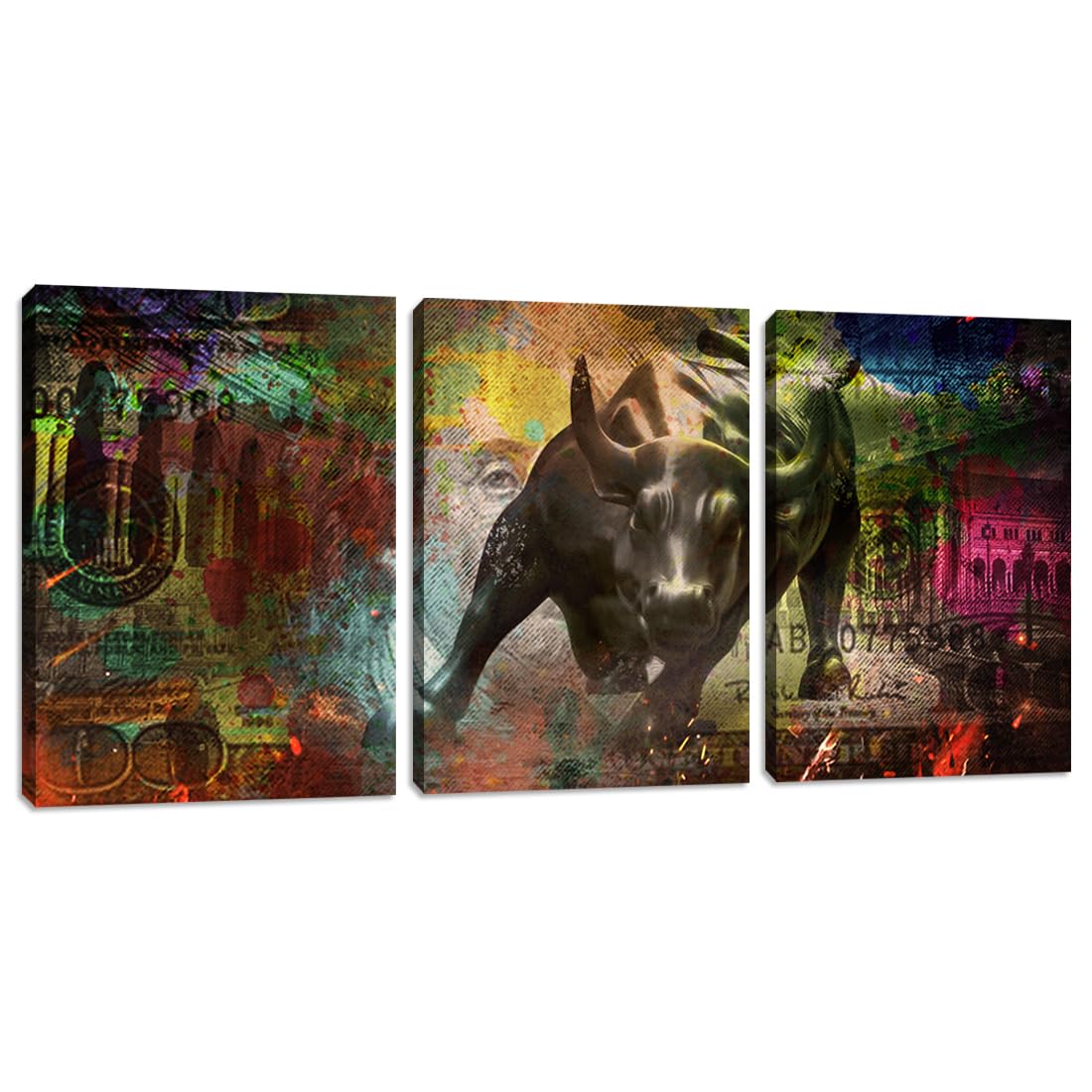 3 Pieces Bull Motivational Wall Art Canvas Poster Print Office Wall Decor Inspirational Entrepreneur Quotes Wall Art Poster Prints Picture Framed Decoration - 36" Wx 16" H