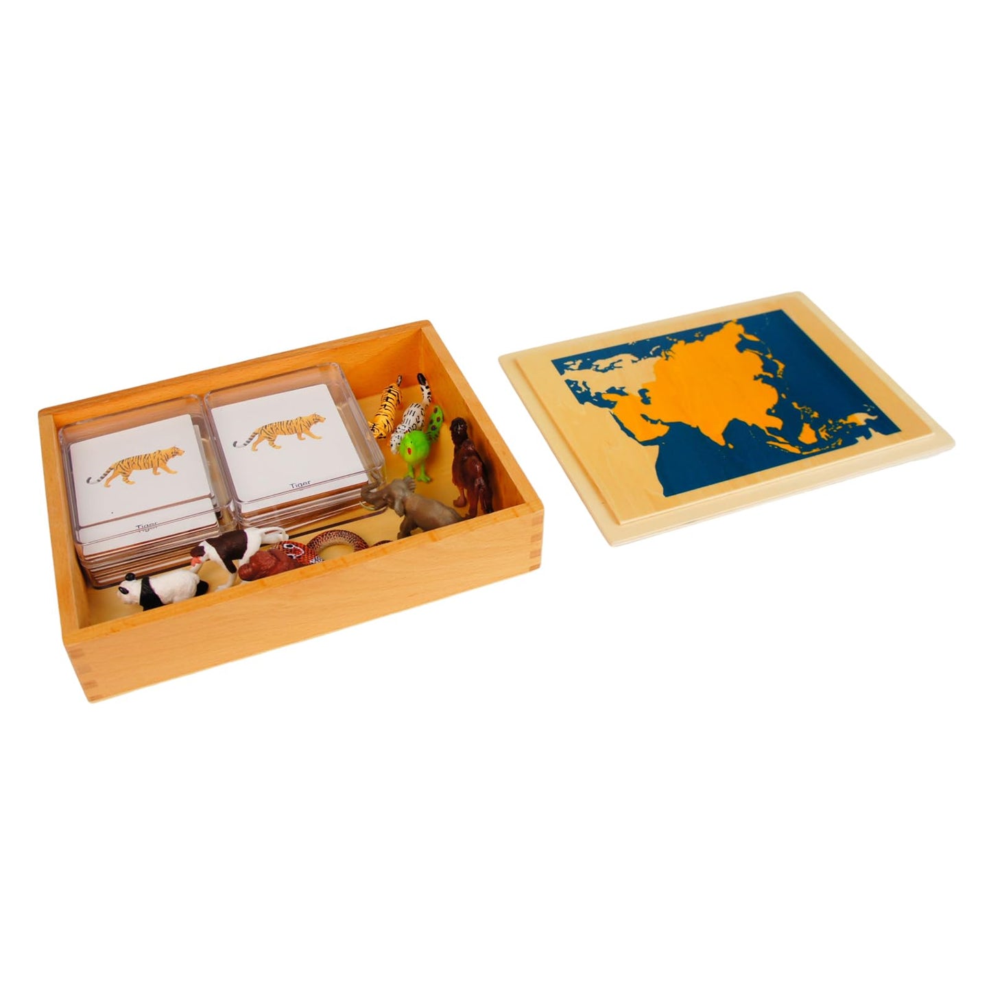 ancona Asian Animals, Spanish/English Bilingual, Montessori Preschool Memory Matching Game Box Set with Animal Figurines & 3-Part Cards, Early Education Toy