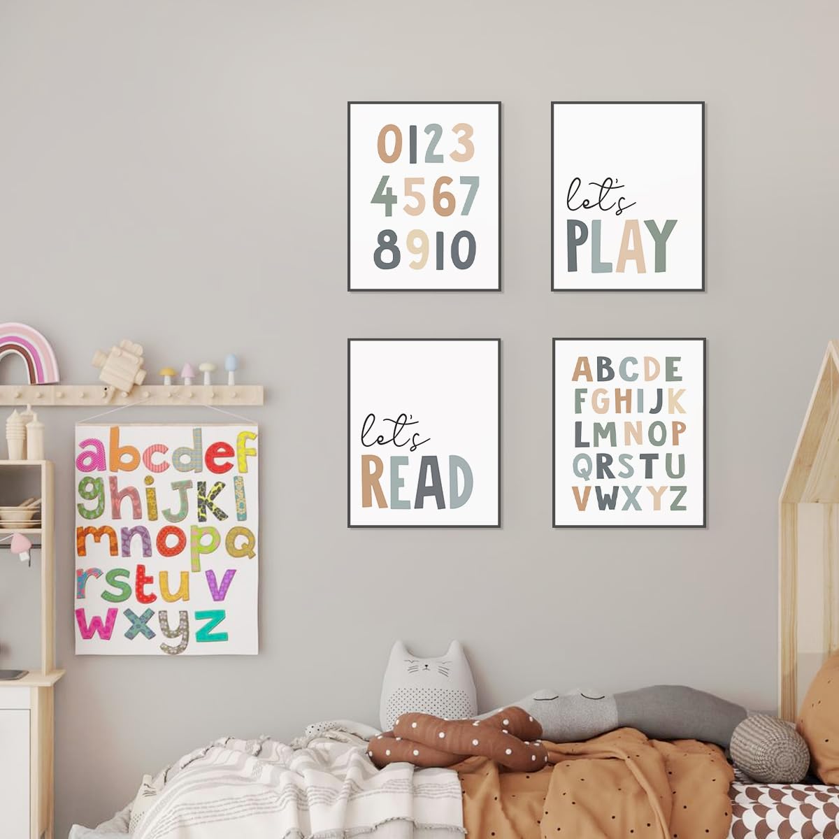 PLKMN Let's Play Read Wall Art Set of 4, Educational Posters, Montessori Classroom Decor, Neutral Kids Decor,Alphabets Number Prints for Nursery Classroom,8x10 Unframed - Boho