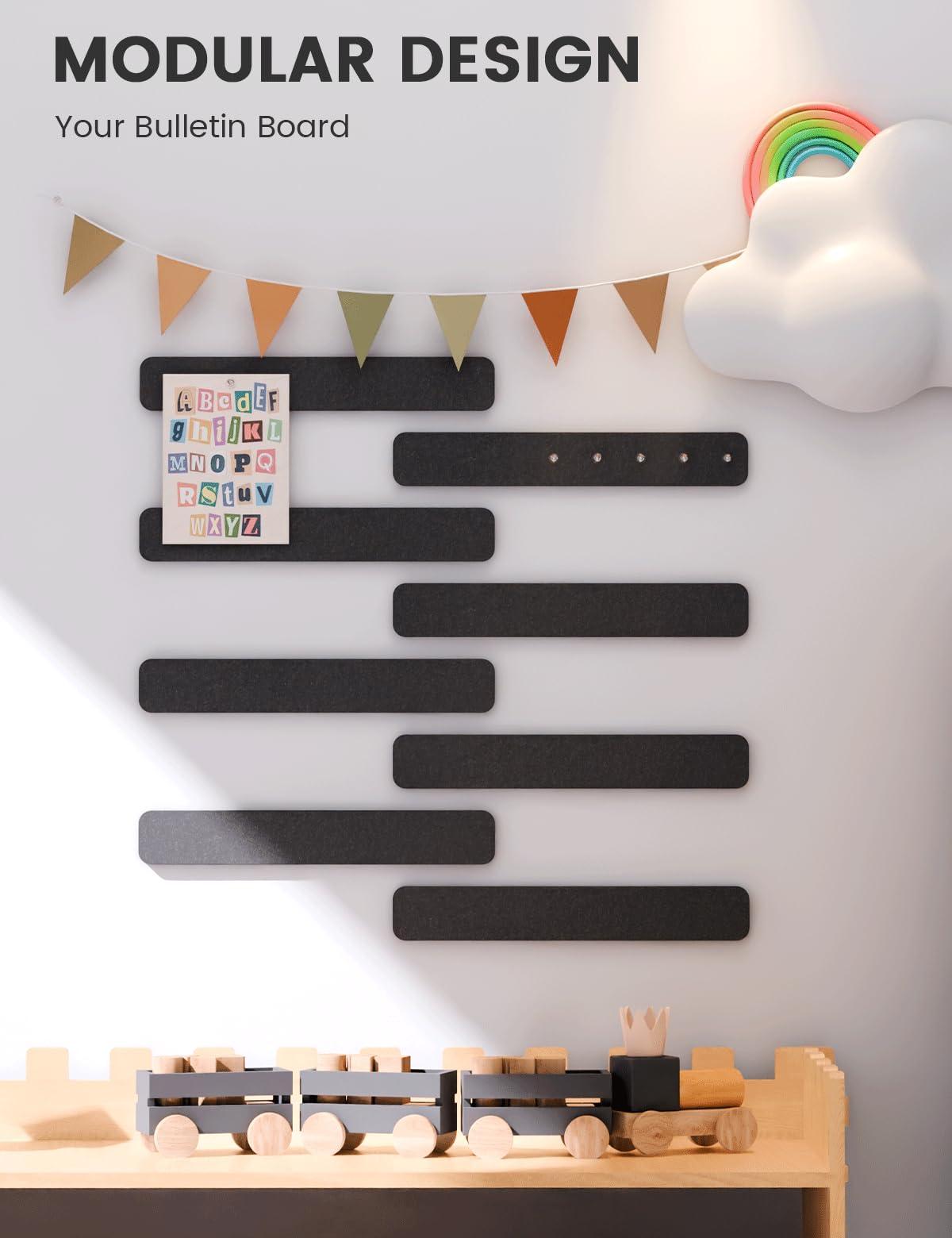 Fluxynara Cork Board Alternative Felt Strip Board 8-Pack 13"x2", Office Pin Board with 50 Push Pins, Adhesive Install for Bedroom Door & Home Office (Black)