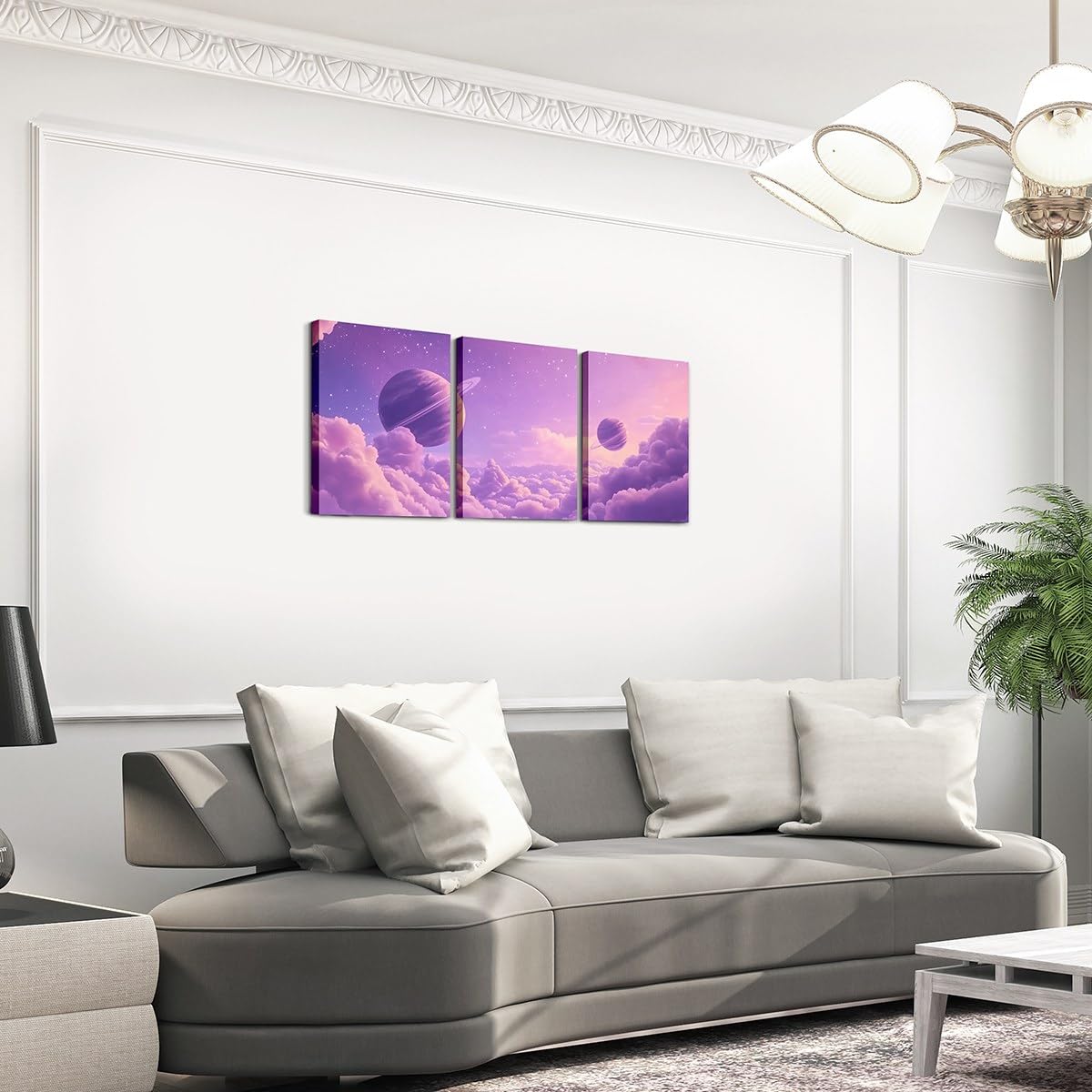 Feelyou Purple Galaxy 3 Piece Canvas Wall Art for Living Room Bedroom Starry Solar System Wall Art for Home Decor 3D Printed Space Office Decor Artwork Dreamy Nebula Picture Painting Posters