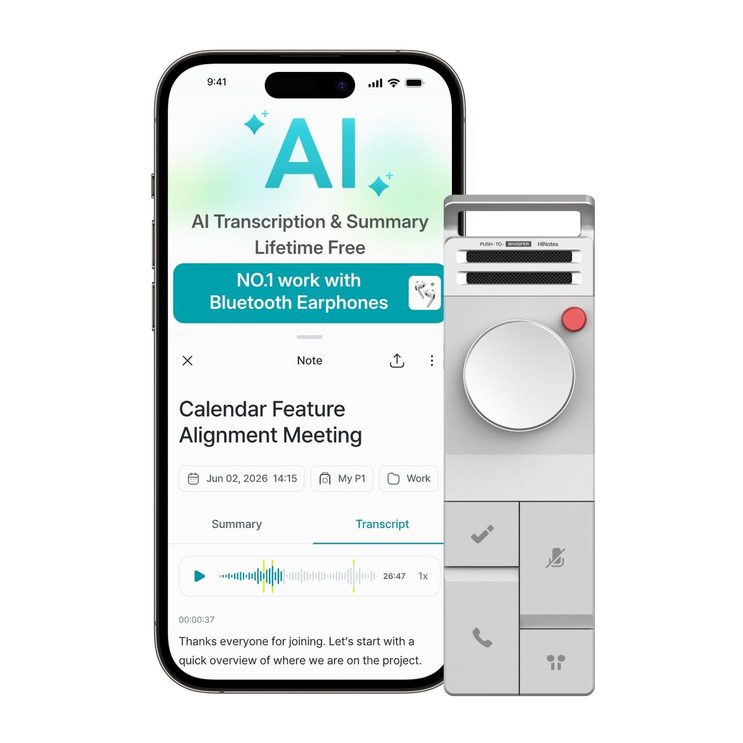 HiDock P1 AI Voice Recorder Work with Bluetooth Earbuds: BlueCatch Tech Smart Voice Recorder with Playback AI Transcriber Summarize for Lectures Meeting Notes Voice Activated Recorder 64GB(Star White)
