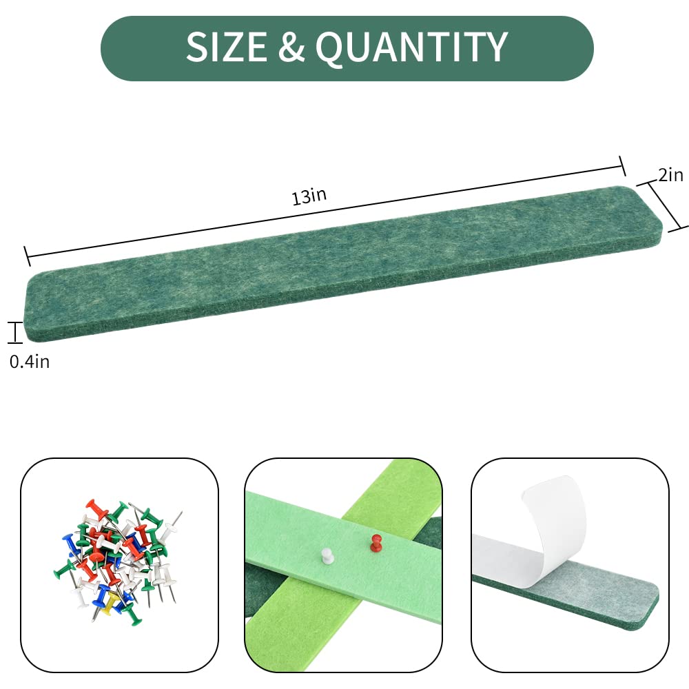 Vuzvuv 8Pcs Green Cork Board Bar Strips with 50 Pushpins & Sticky Notes, Self-Adhesive Bulletin Board Strips No Damage for Wall, Felt Pin Board for Paste Notes, Photos, Schedules Office Decor