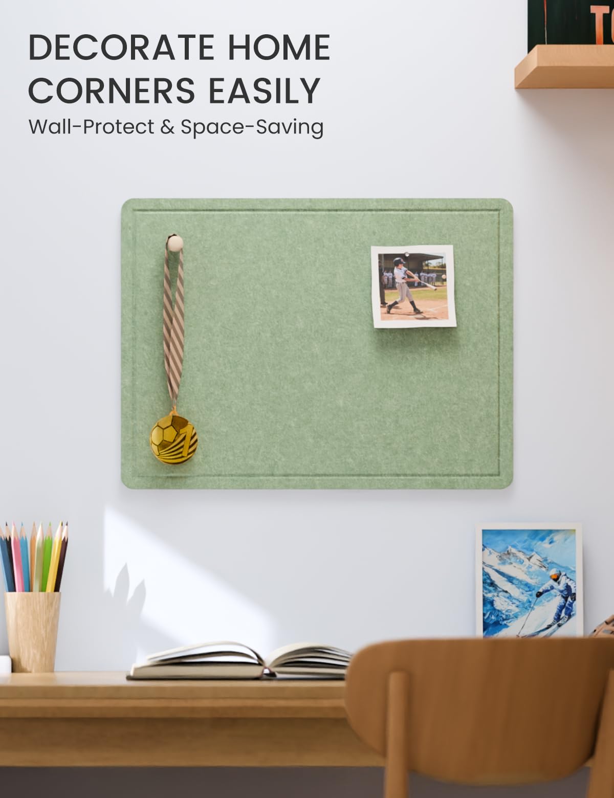 Fluxynara Bulletin Board, 23.6" x 17.5" Cork Board Alternative with 12 Safe Removable Adhesive Tabs, Foldable Felt Pin Board for Home Office, Classroom, Bedroom,Entryway for Walls—Moss Green