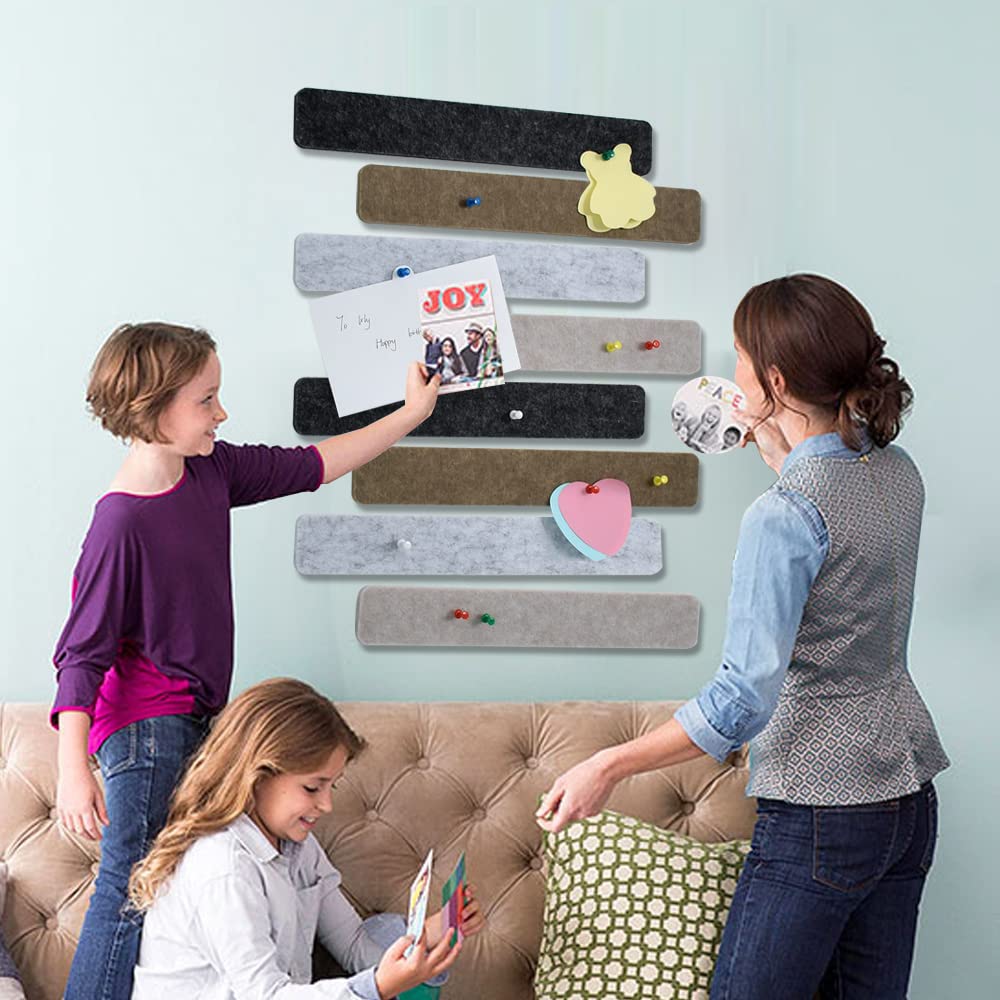 Vuzvuv 8 pcs Bulletin Board Bar Strips with 50 Pushpins & 10 Wooden Clip pins，Self Adhesive Cork Board for Wall，Felt Pin Board for School，Office Decor(Black Brown Gray)