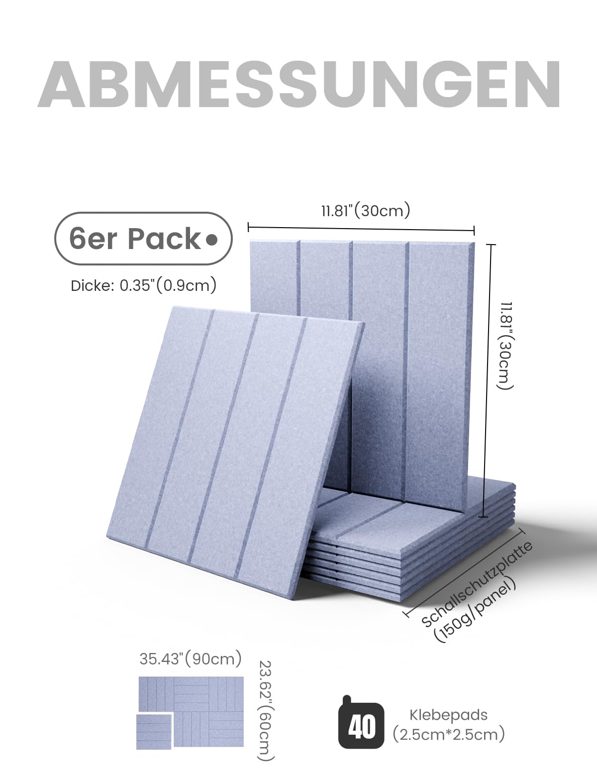 Bumusty Large Cork Board Alternative-36 x 24" Felt Bulletin Board Tiles, with 30 Pushpins, 40 Adhesive Tabs, Bold-Stripe 6-Pack, Cork Boards for Office Push Pin Board-Soft Periwinkle