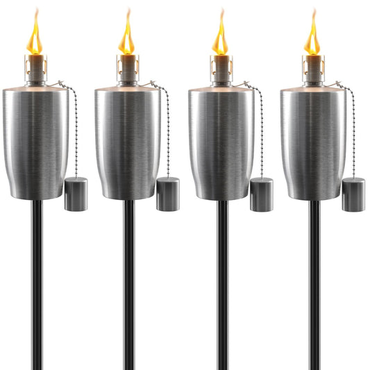 Matney Stainless Steel Outdoor Torches - 5 ft Oil Lamp Set of 4 - Fiberglass Wick & Snuffer Cap
