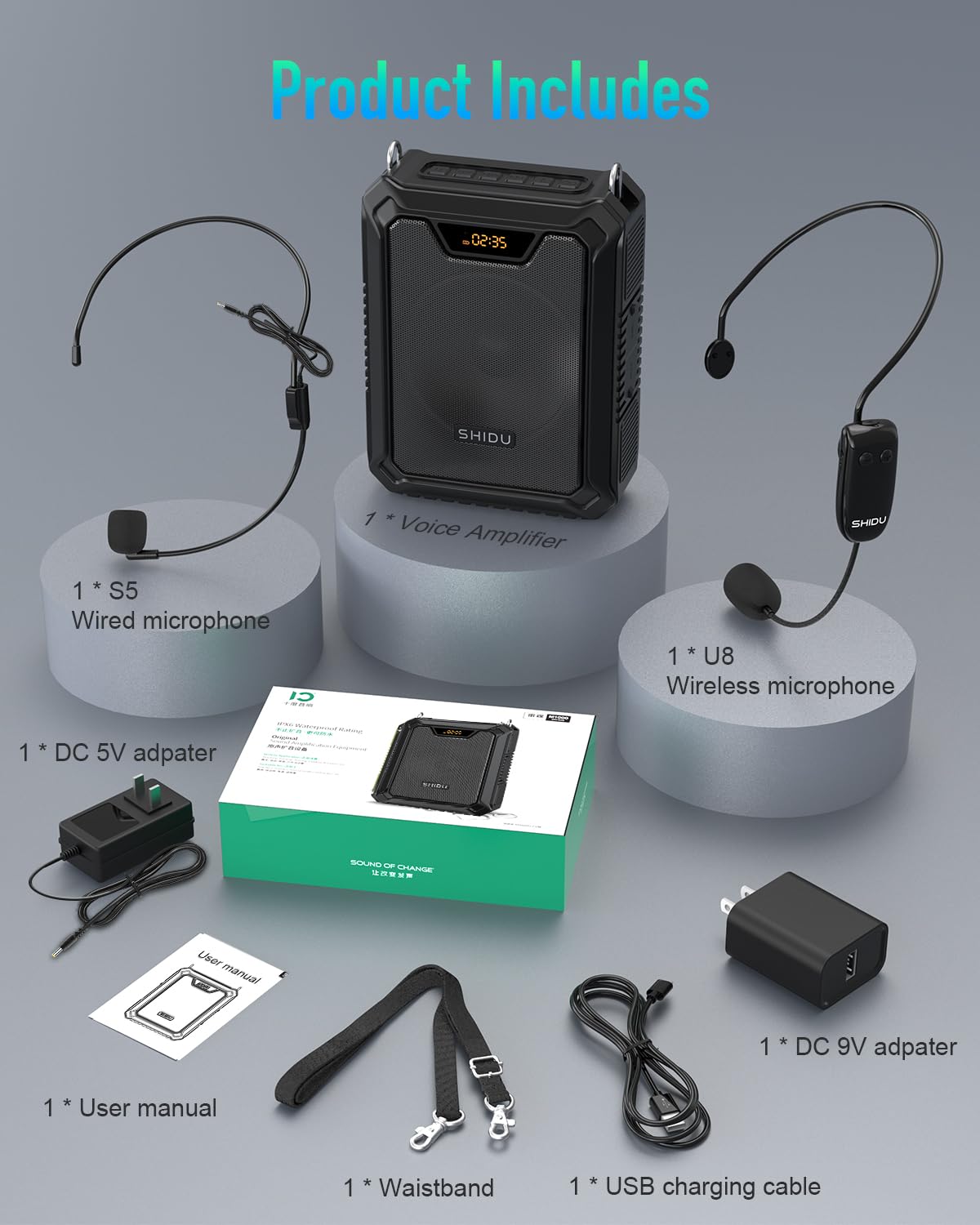 SHIDU 30W Voice Amplifier with Wireless Microphone, IPX6 Waterproof Amplifier Wireless & Wired Microphone Bluetooth Speaker Personal Megaphone for Teachers Meeting Speech Outdoors-M1000