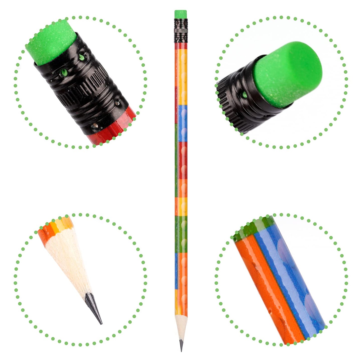 Kolewo4ever 200 Pieces Building Block Wood Pencils Colorful Round Pencils with Top Erasers Students Birthday Goody Bag Bulk Filler for Exams School Office Sketching Learning Activities