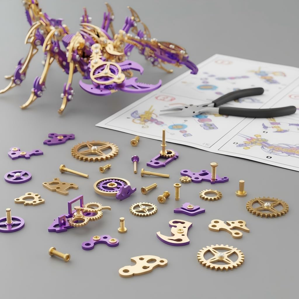 Scorpion 3D Metal Puzzles for Adults, 454PCS Stainless Steel DIY Mechanical Metal Model Kits, No Glue Assembly with Movable Joints, Challenging Metal Building Kit Desk Decor Gift (Purple-Glod)