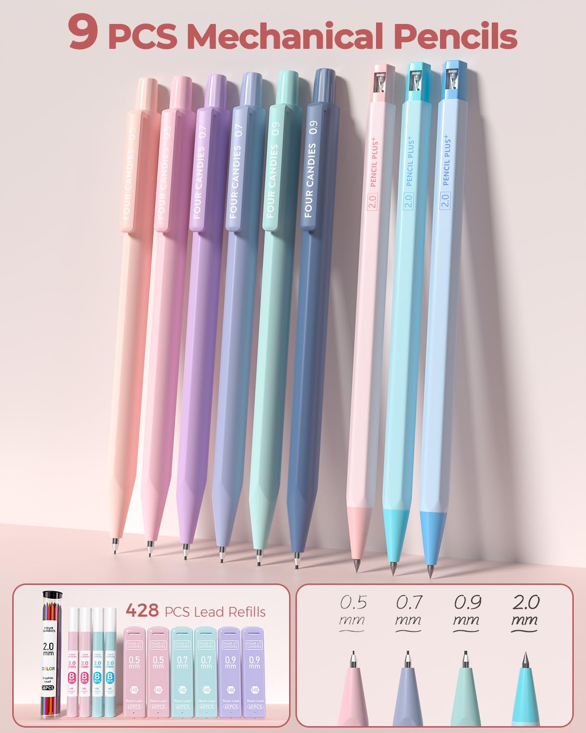 Four Candies 56 PCS Stationery Set, Cute Storage Case with Supplies, 6 Multicolor Pens, 12 Pastel Highlighters, 5 Gel Pens Black Ink, 9 Mechanical Pencils for College Essentials Stuff (Pink)