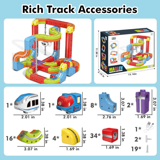 Electric Train Set with 2 Trains, 3D Infinity Train Tracks, DIY Toy Car Track, Modular Building Blocks Freely Assembled, STEM Learning Toy for Kids Toddlers Boys & Girls (Blue & White Trains)