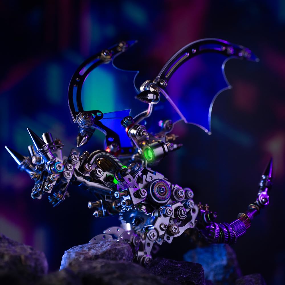 Arcynix Mostarle Reno Blue Dragon 3D Metal Puzzle Kit, 613 Pieces, Magnetic Assembly, LED Light-Up Color Changing Wings, Adjustable Display, DIY Mechanical Model for Advanced Builders Collectors