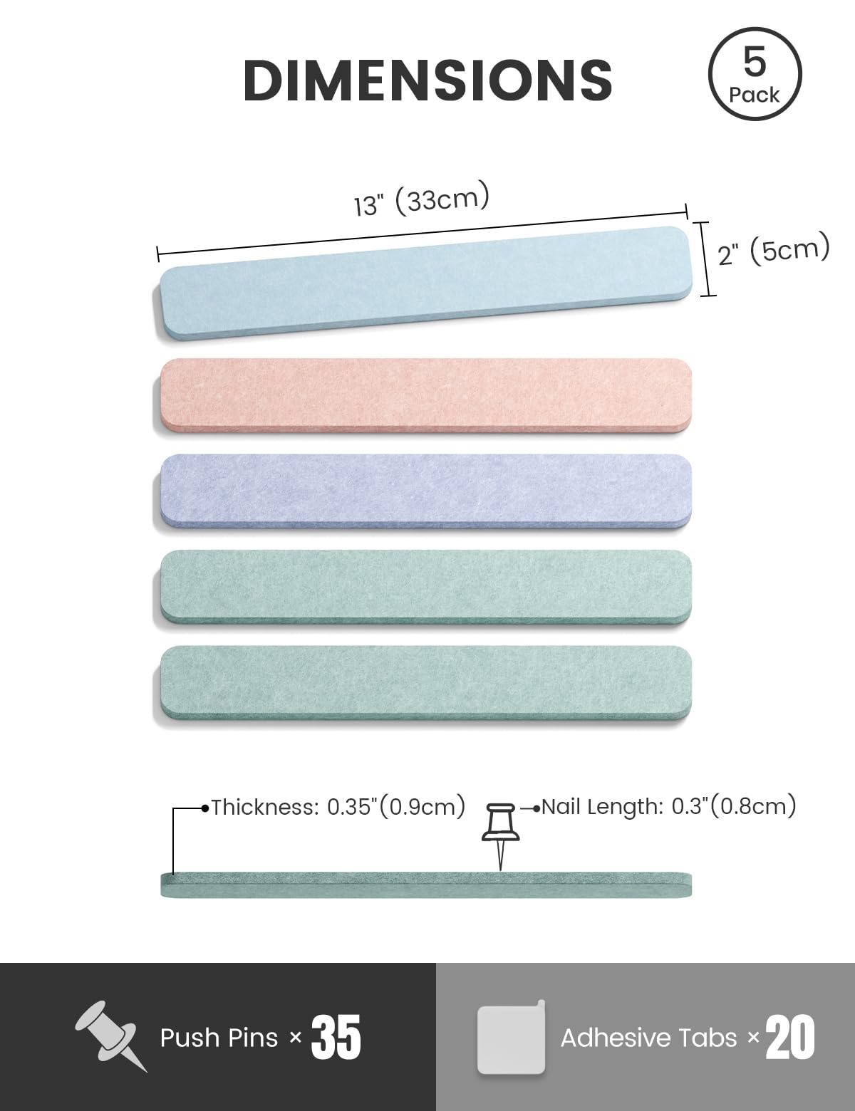 Fluxynara Cork Board Alternative Felt Strip Board 5-Pack 13"x2", Office Pin Board with 35 Push Pins, Adhesive Install for Bedroom Door & Home Office (Coastal Haze)