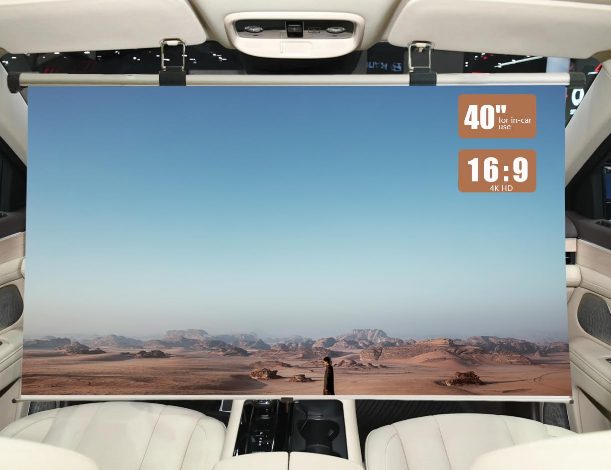 Portable Projector Screen for Car, 40 inch 16:9, Pull Down and Auto Rolling, Foldable and Small, Retractable Projection Screen Mini, 4K HD Screen for Car, SUV, RV and More (One-Click Auto Rolling)