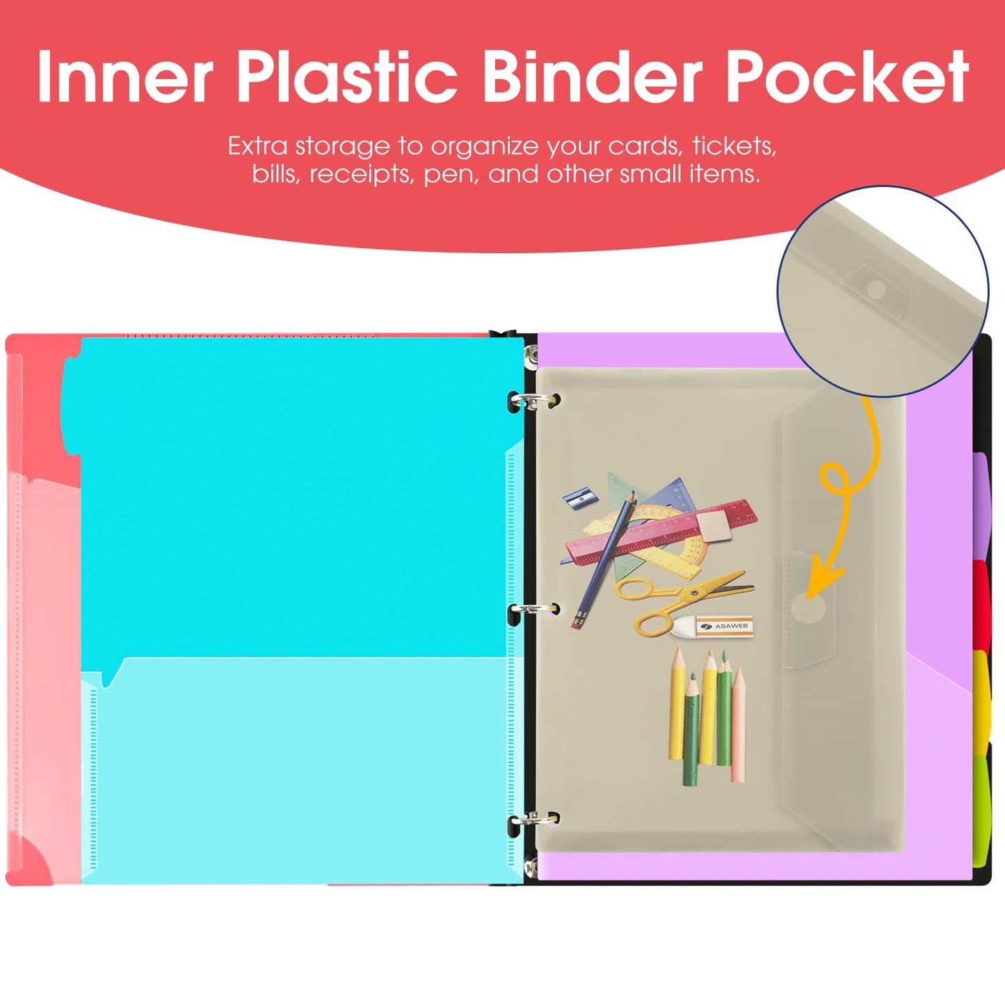 INFUN Telescoping Project Organizer Binder,13 Pocket, Customizable Front Cover, 5 Colors Pocket Divider and Plastic Binder Pocket，225 Sheet Capacity-Red