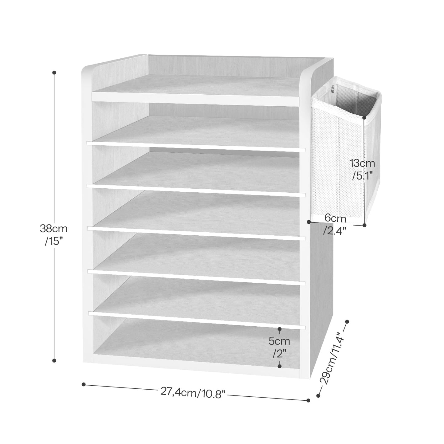 HOOBRO Adjustable Countertop Mail Sorter, 6 Tier Wooden Paper Organizer, Vertical Literature Organizer with Side Storage, Office Mailbox Cubbies, Classroom Mailbox, for Home, Office, White WT34WF01