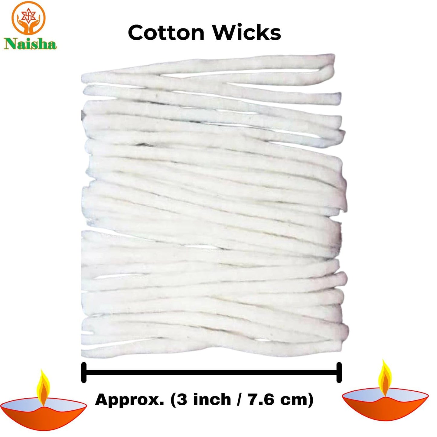 Naisha Long Cotton Wicks (600 Pc) for Oil Lamp Diya, 3 Inch, White, Model: Long_Batti_600_213