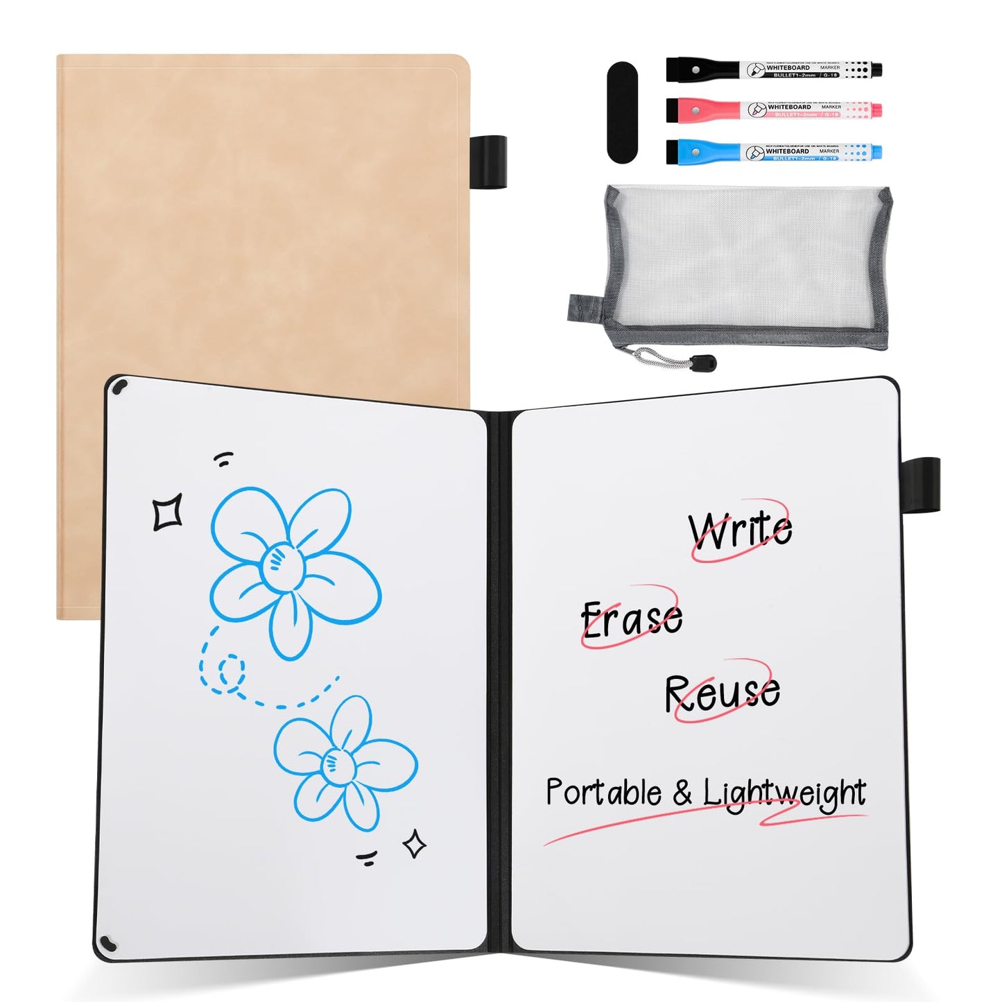 AGM Portable White Board Dry Erase Notebook, 8.4" x 6" Double Sided Folding Whiteboards with 3 Pens, Small Travel Dry Erase Board Skin-Friendly Material for Study, Meeting, Planning, Rose Pink