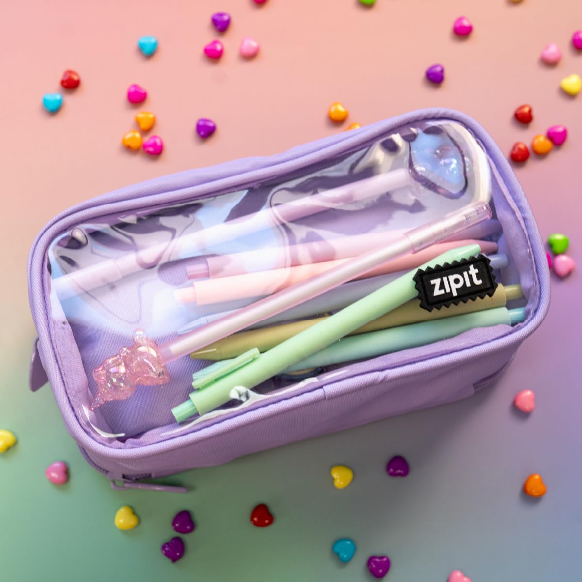 ZIPIT Half & Half Pencil Case for Girls, 3 Compartment Zipper Pouch for School, Stationery Bag for Teen and Adults, Purple