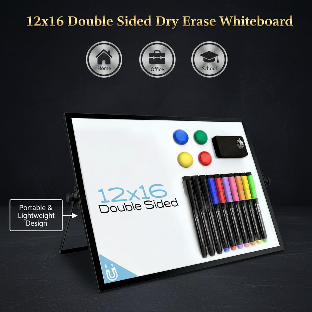 12x16 Magnetic Dry Erase Whiteboard with Stand – Double-Sided Desktop Board, 10 Markers, 4 Magnets & Eraser – Black Frame | LULU OFFICE