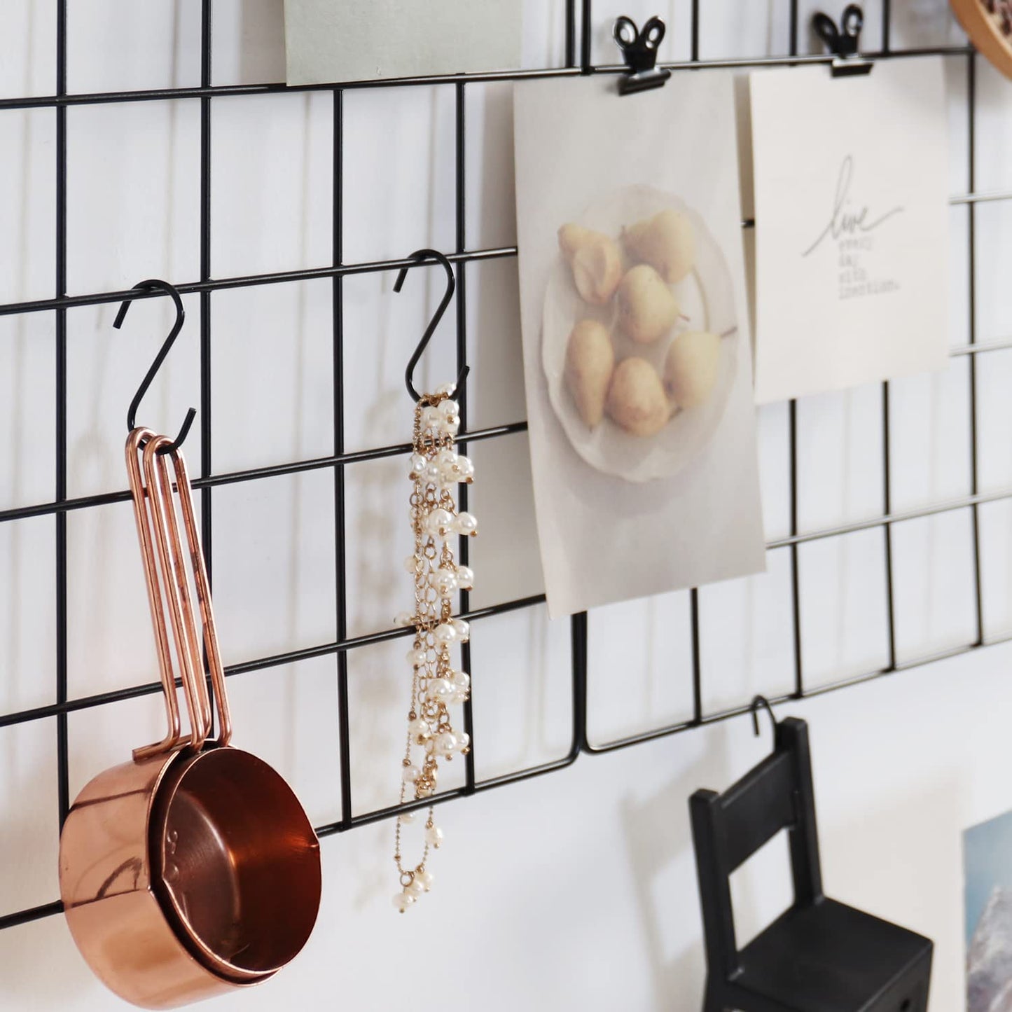 FRIADE Wall Grid Panel for Photo Display,Wall Storage Organizer,5 Metal Clips & 3 S Hooks & 4 Nails & 4 Plastic Hanging Buckles and 4 Screws Offered,Size 17.5" x 11.8"，Set of 2 (Black)