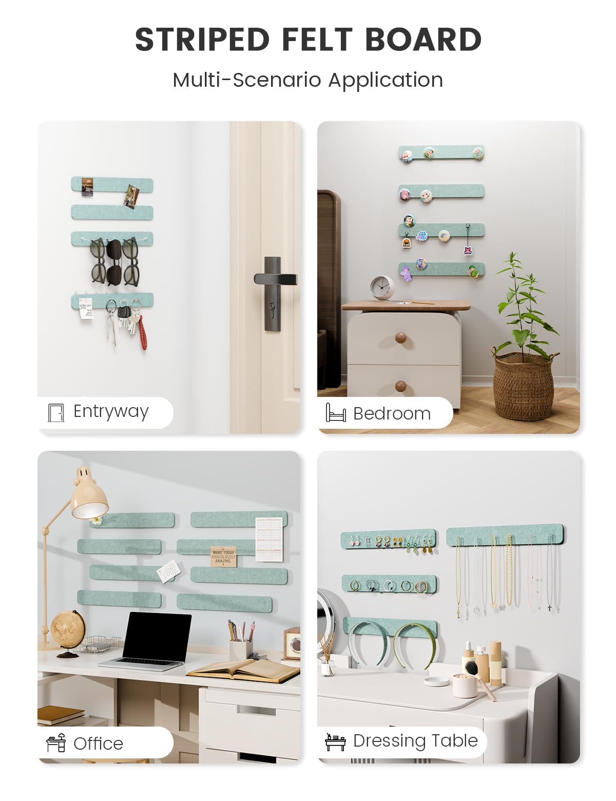 Fluxynara Cork Board Alternative Felt Strip Board 8-Pack 13"x2", Office Pin Board with 50 Push Pins, Adhesive Install for Bedroom Door & Home Office (Teal Blue)