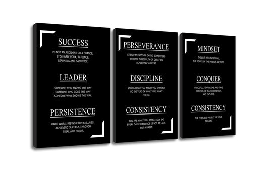 YSPCSUN Triptych Wall Decor Inspirational Posters for Office, Black White Discipline Consistency Quote 3 Panel Canvas Prints for Home Office Dorm Classroom, 48x24 Inch Display