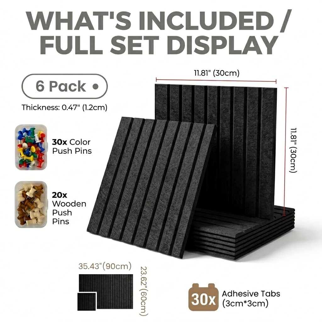 LOUKAII 0.47" Extra Thick Felt Bulletin Board, 6 Pack 36"x24" Large Pin Board with 50 Push Pins & 30 Removable Adhesive Tabs, No-Warp Wall-Friendly Display for Home Office Classroom, Black