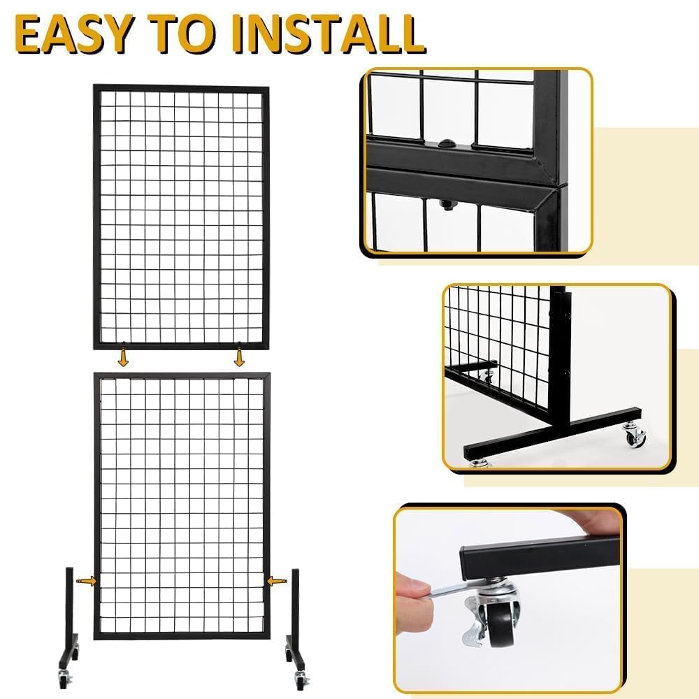 OUDUCK 2 Packs 1.8' x 5.7' Grid Wall Panels Standing Wire Grid, Display Rack with T-Base Wheels Freestanding Gridwall Panel Tower for Shows, Black
