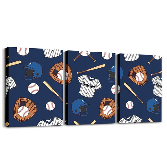 Feelyou Baseball Theme 3 Piece Canvas Wall Art for Living Room Bedroom Baseball Uniform Wall Art for Home Decor Sport Helmet Office Decor Artwork Navy Blue Picture Posters
